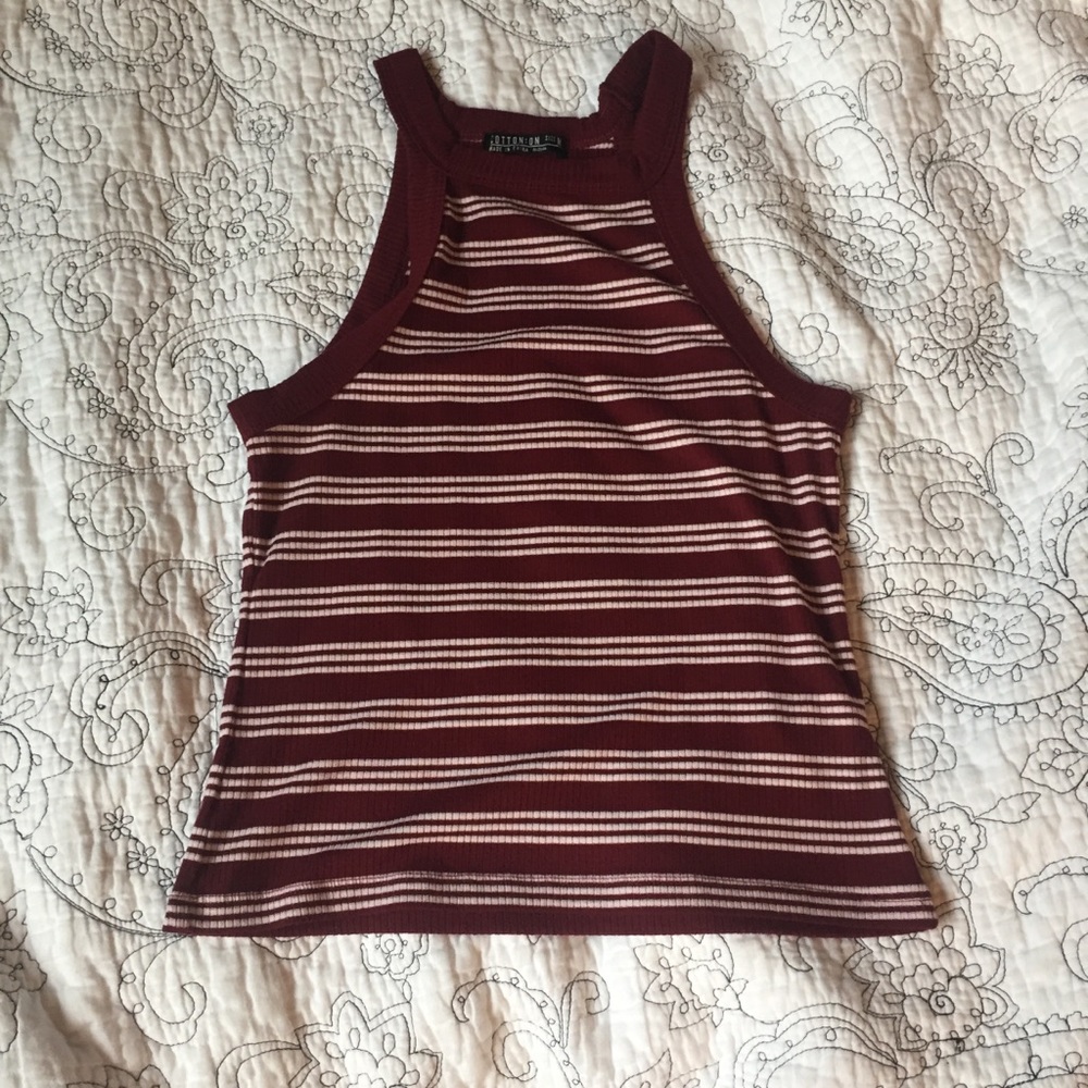 Maroon and white striped fitted semi-crop tank
